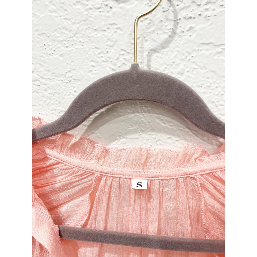 Pink Ruffle Flutter Sleeve V-Neck Tie Blouse‎ Textured Pleated Top Small - Picture 6 of 7